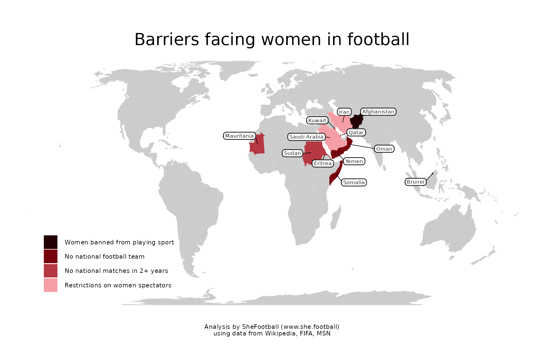 Map showing countries where women either are banned from playing football or have no active national team